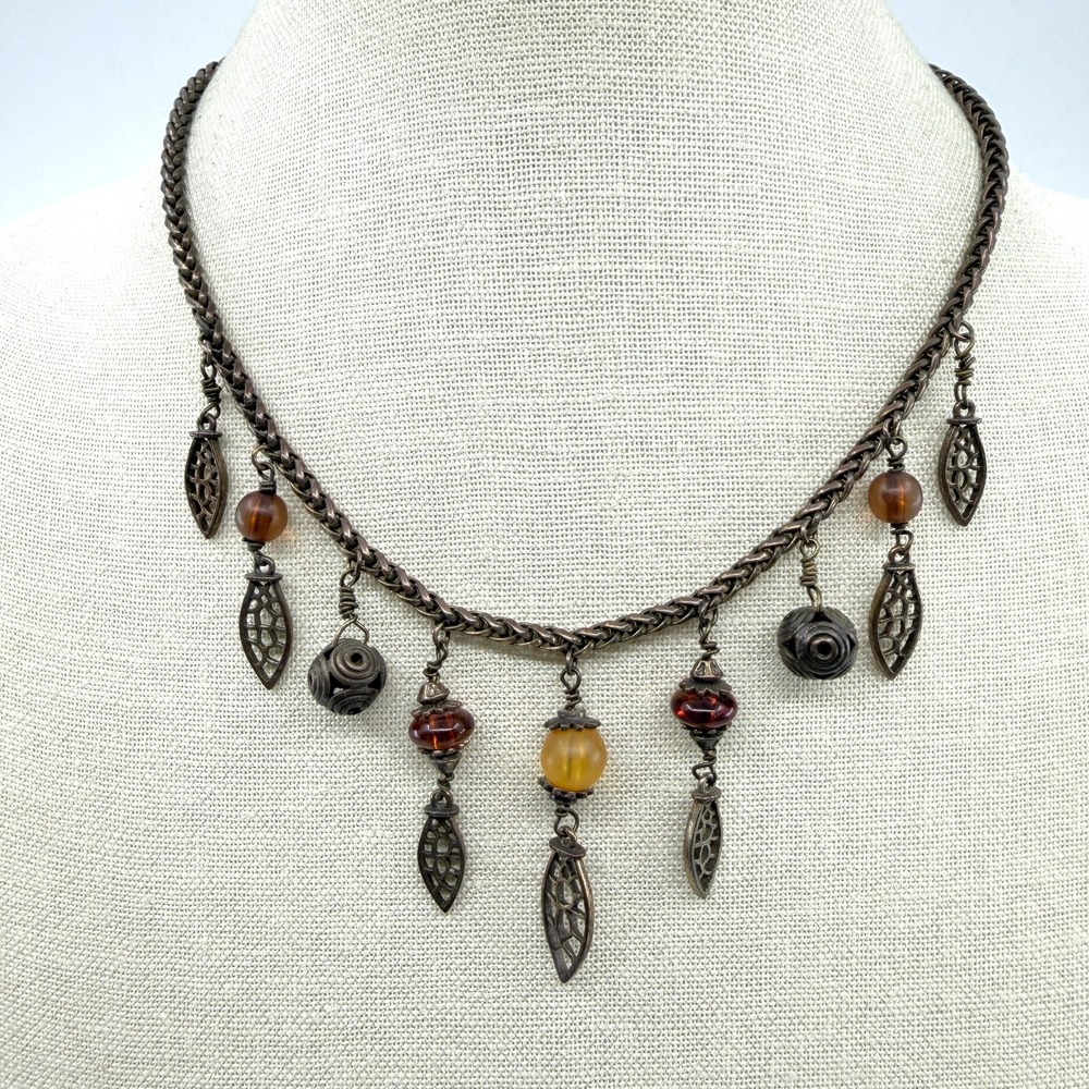 Boho Bronze & Amber Charm Necklace - Festival Statement Jewelry